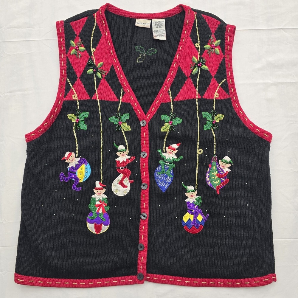 Y2K White Stag Plus 18W 20W Christmas Elf Sweater Vest Beaded Applique Granny